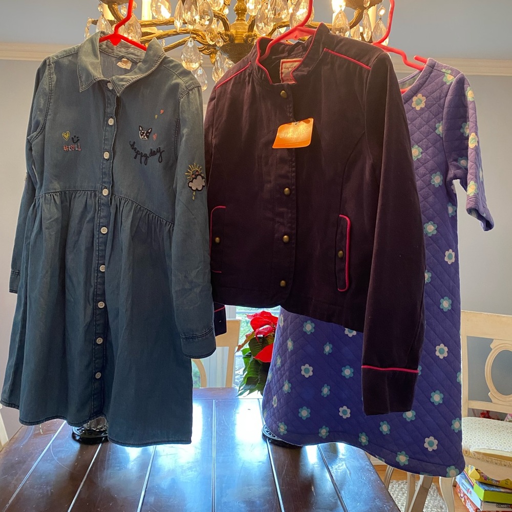 3 PC GIRLS GYMBOREE LOT. 2 DRESSES & 1 MILITARY STYLE COAT W/TAGS, DRESSES LN!